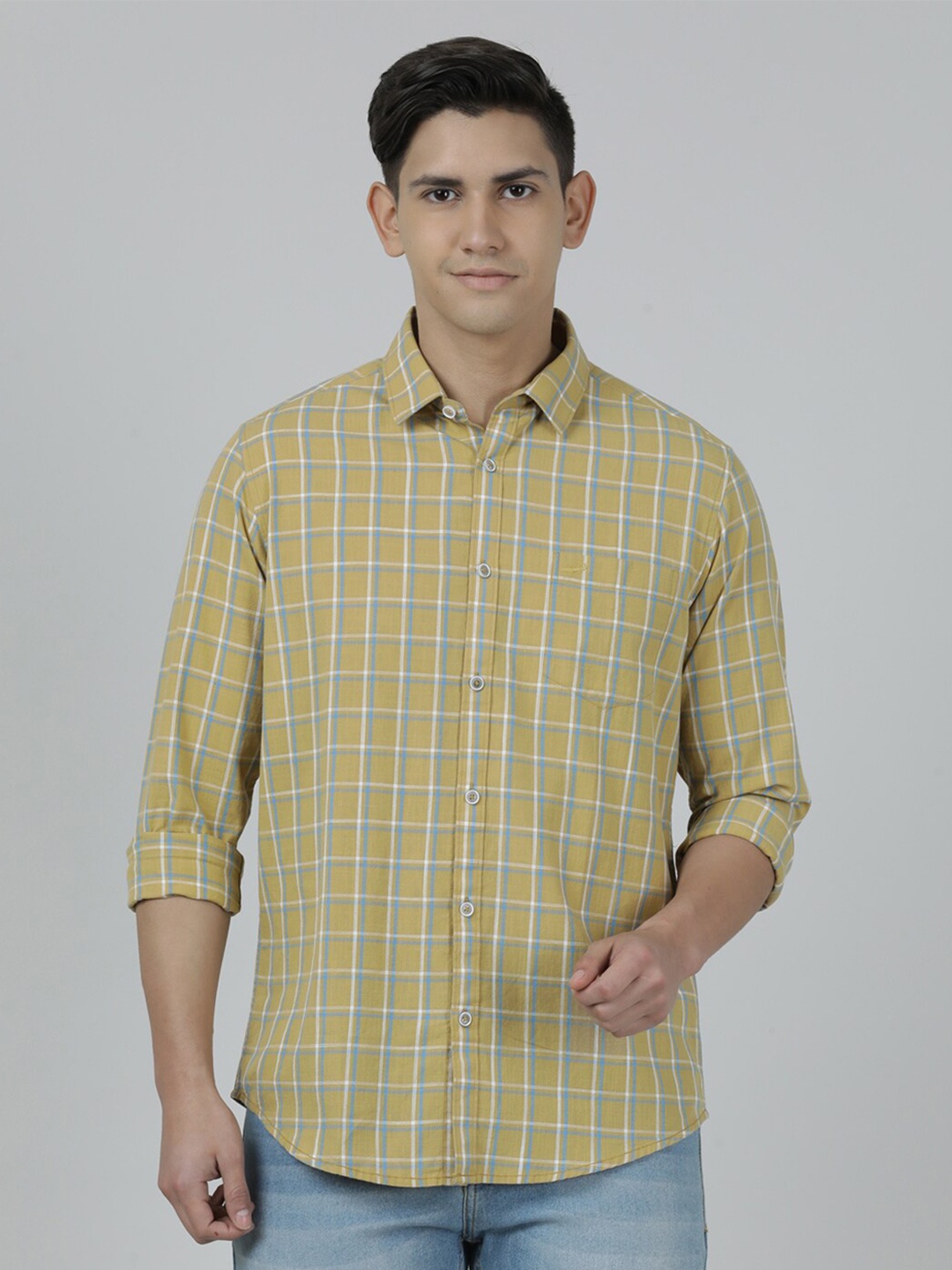

Crocodile Men Tartan Checks Checked Cotton Casual Shirt, Mustard
