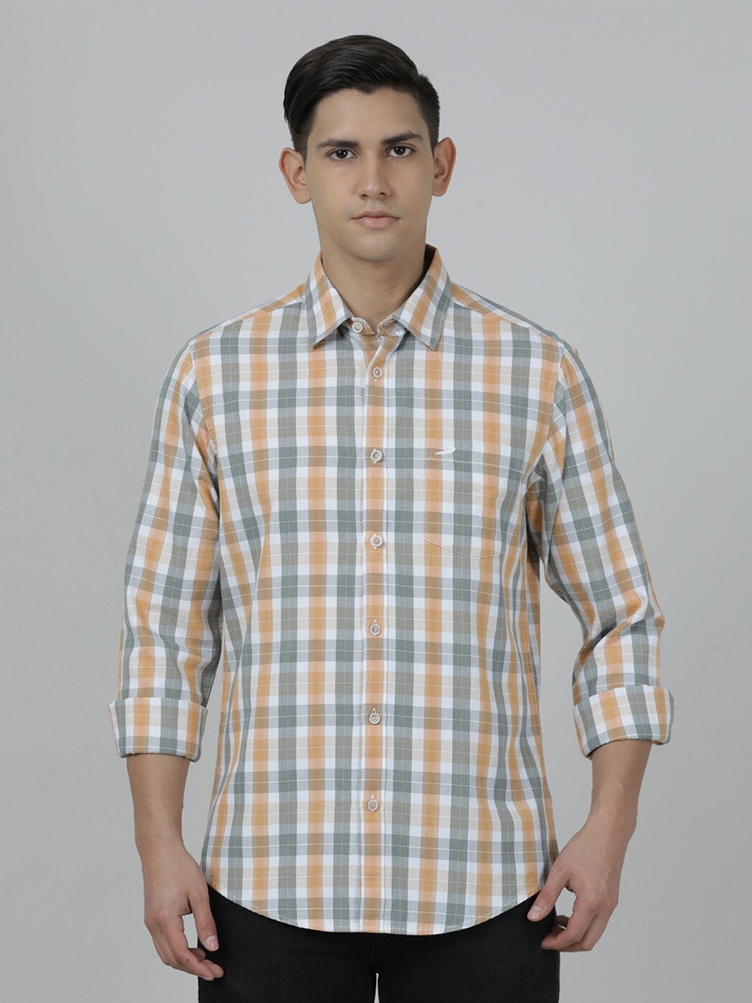 

Crocodile Men Tartan Checked Cotton Casual Shirt, Orange