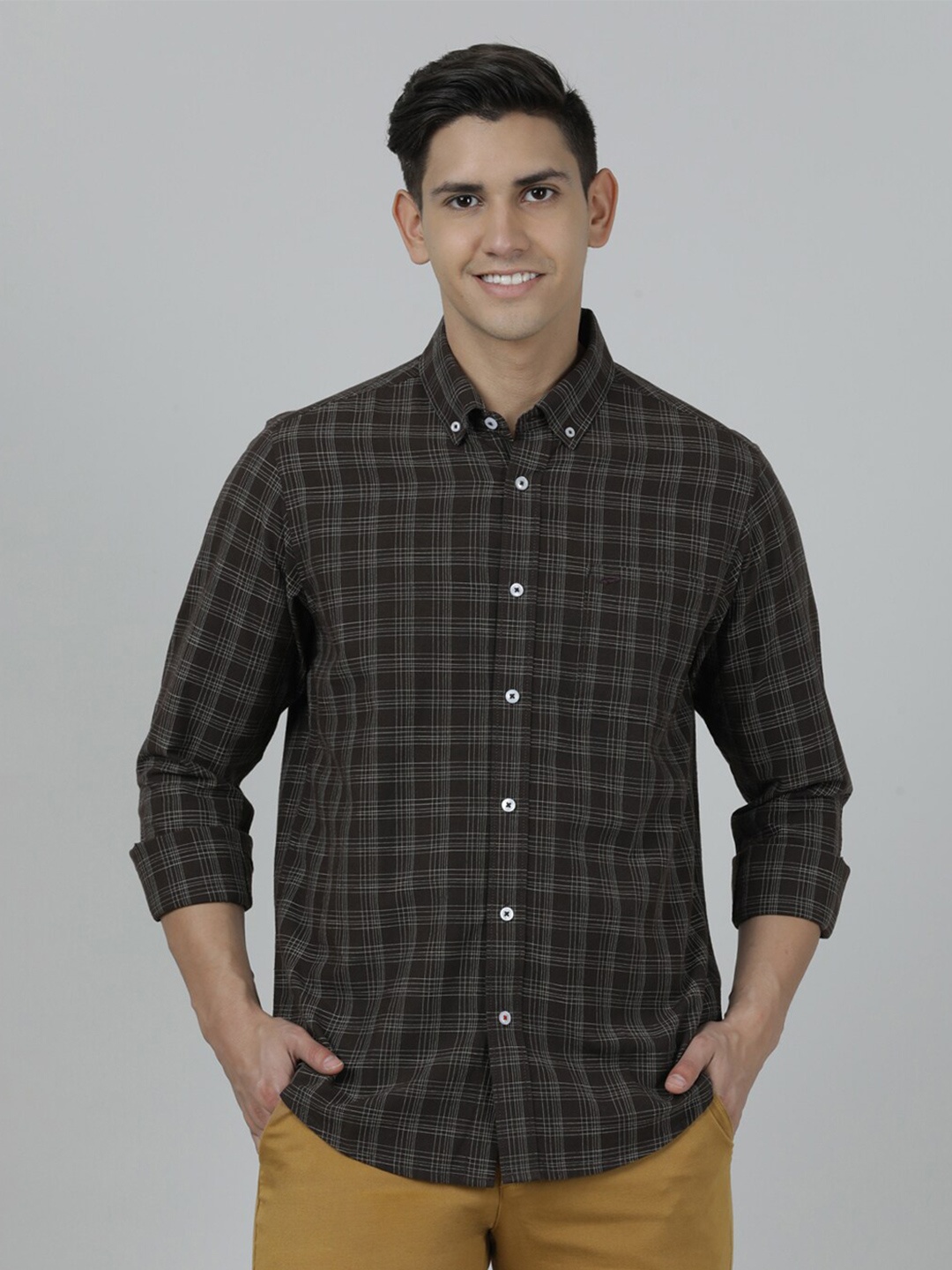 

Crocodile Men Grid Tattersall Checked Casual Cotton Shirt, Brown