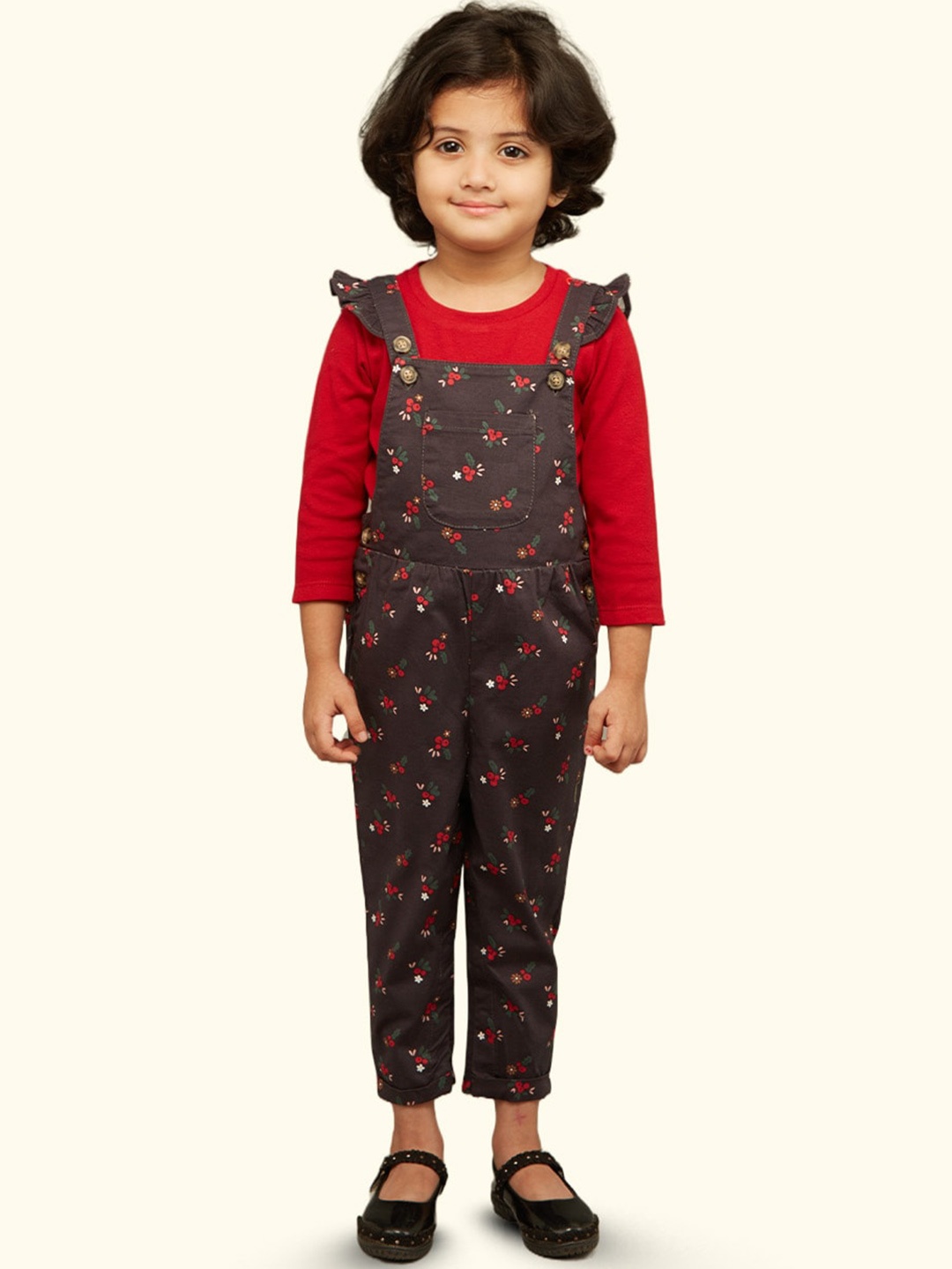 

Zalio Infants Floral Printed Pure Cotton Dungarees Set, Black