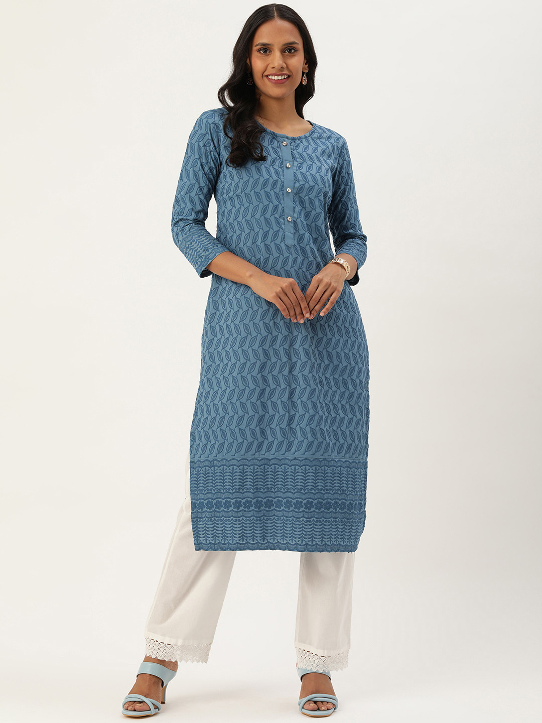 

SWAGG INDIA Ethnic Motifs Embroidered Chikankari Kurta, Blue