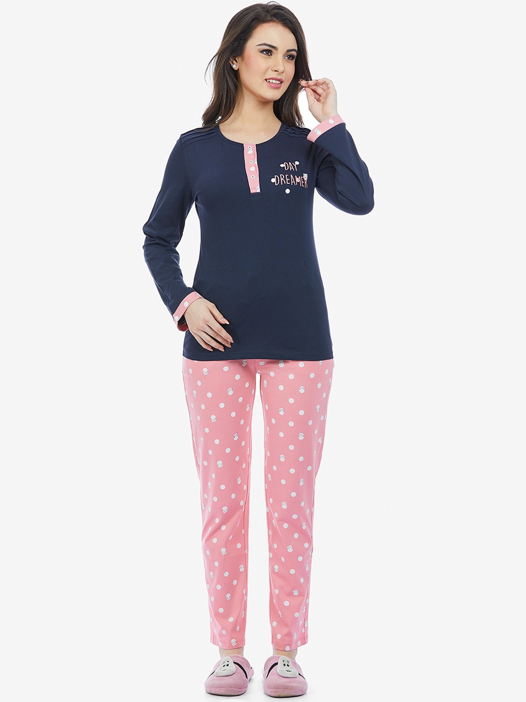 

MAYSIXTY Women Conversational Printed Pure Cotton Night Suit, Navy blue