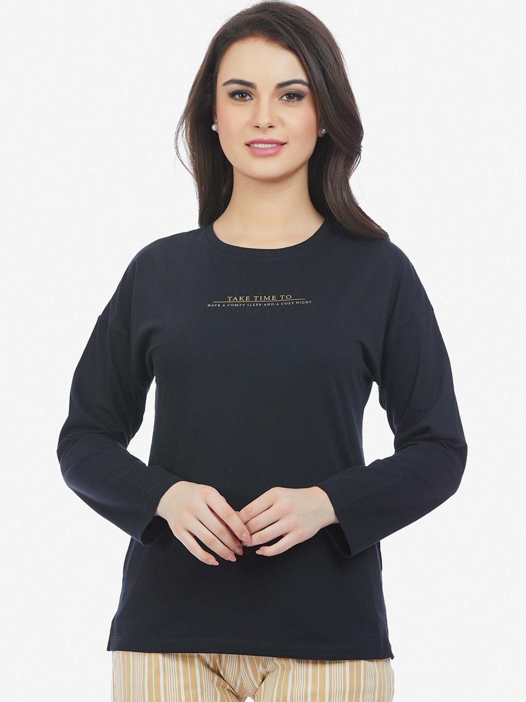 

MAYSIXTY Women Striped Pure Cotton Night Suit, Black