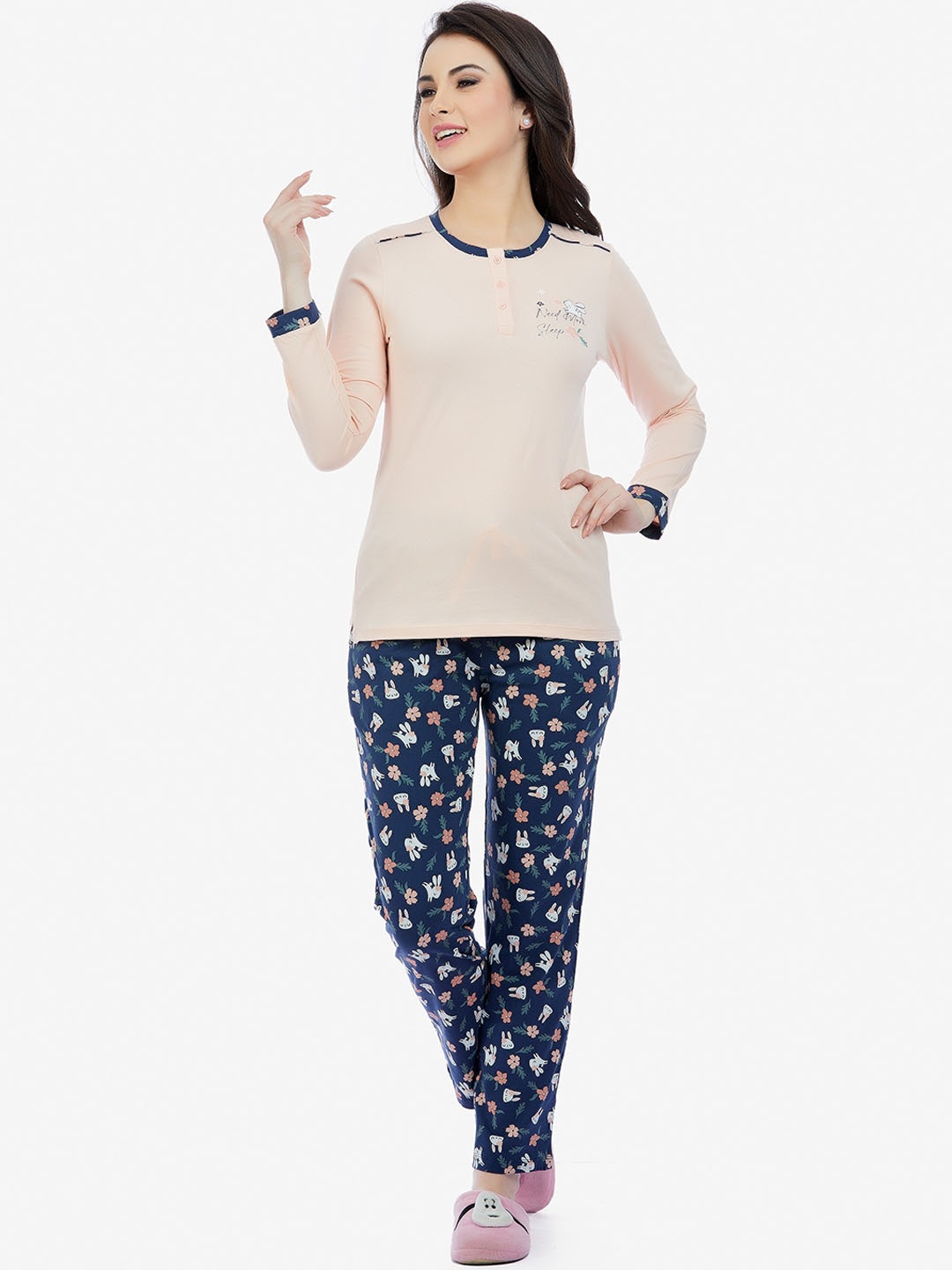 

MAYSIXTY Women Printed Pure Cotton Night Suit, Beige