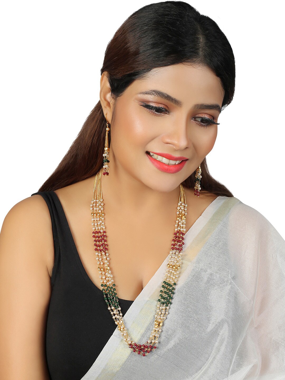 

MAD CLUB Gold-Plated Crystal Pearls-Studded Layered Jewellery Set, Green