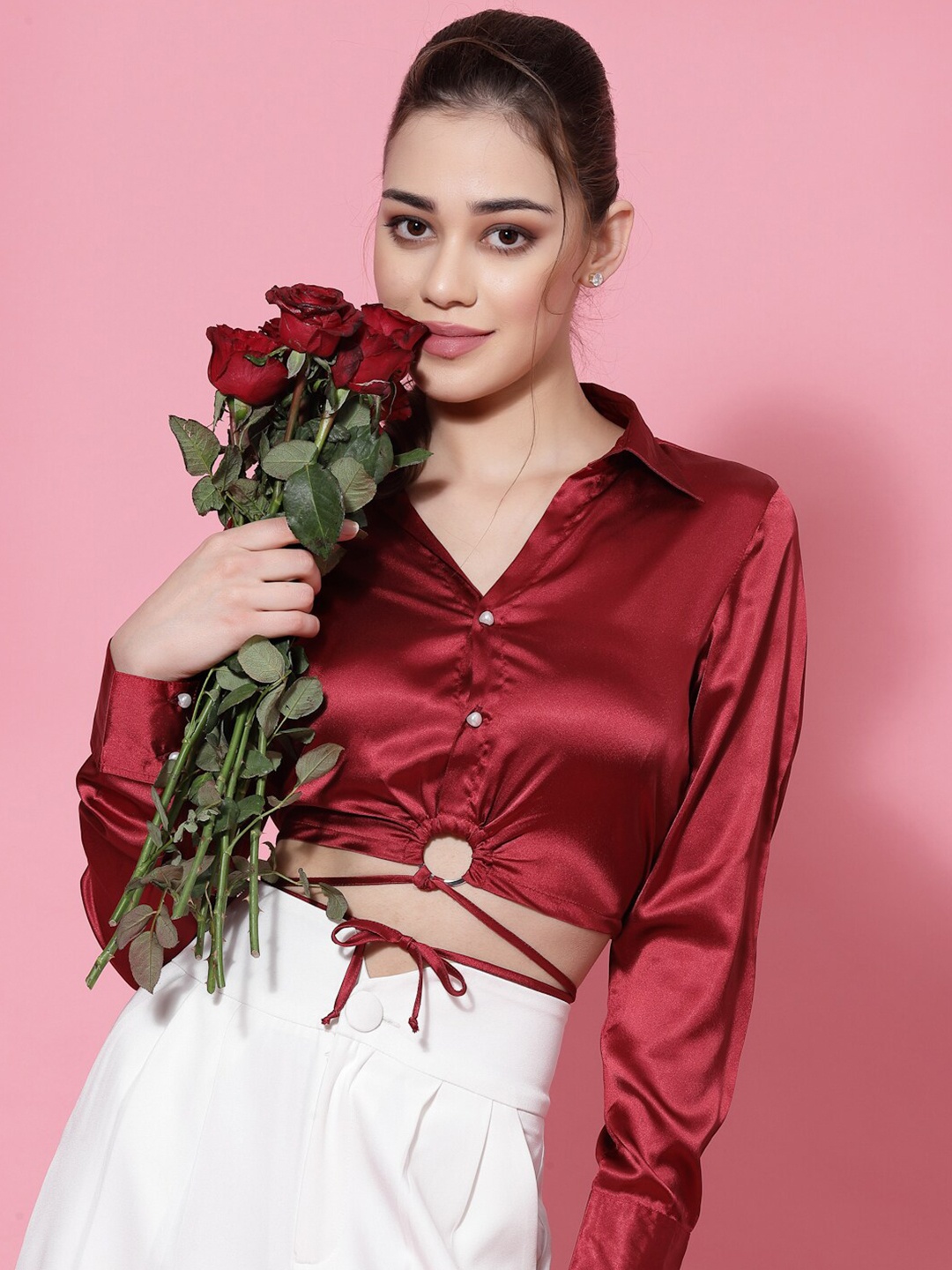 

KASSUALLY Shirt Style Satin Crop Top, Maroon