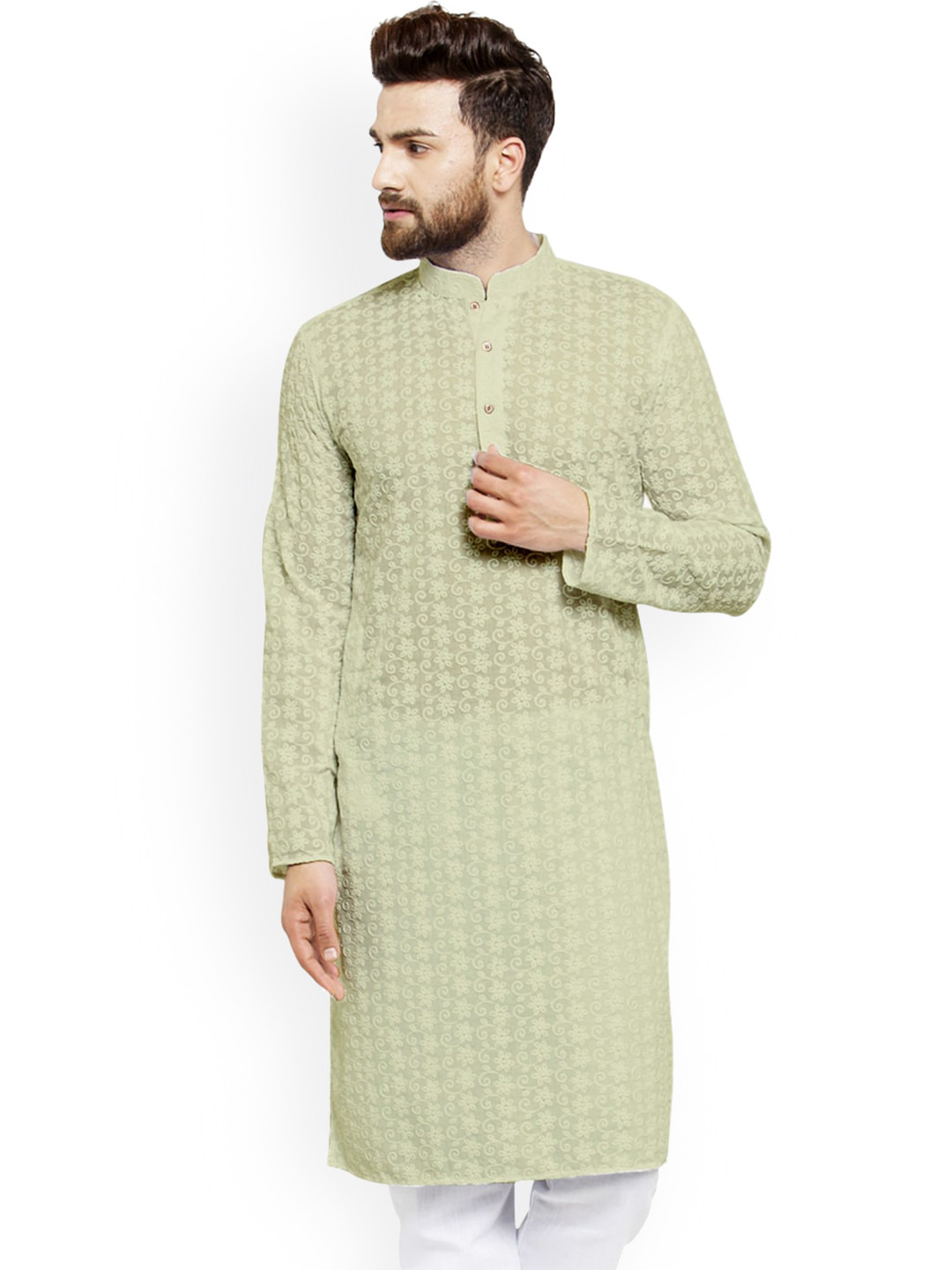 

TREEMODA Men Embroidered Cotton Straight Kurta, Green