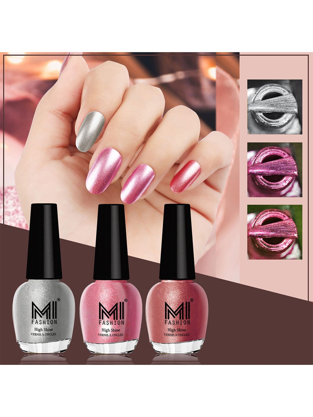 

MI FASHION Set Of 3 High Shine Long Lasting Shimmer Nail Paint - 12ml Each, Pink