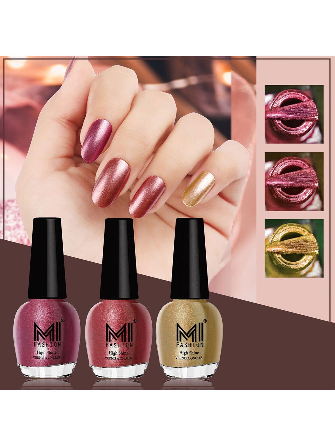 

MI FASHION Set Of 3 High Shine Long Lasting Shimmer Nail Paint - 12ml Each, Purple