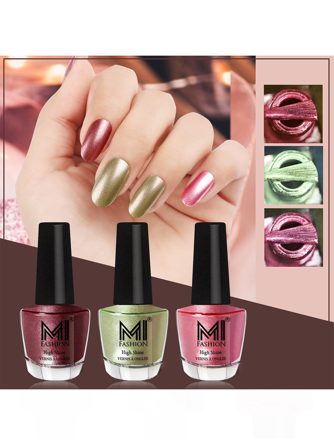 

MI FASHION Set Of 3 High Shine Long Lasting Shimmer Nail Paint - 12ml Each, Pink