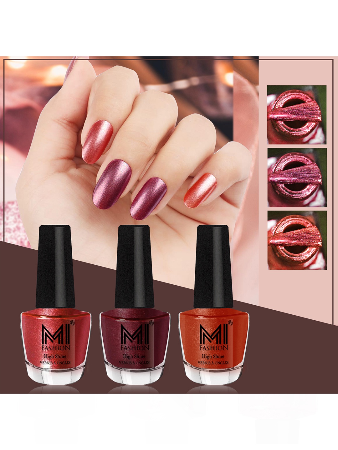 

MI FASHION Set Of 3 High Shine Long Lasting Shimmer Nail Paint - 12ml Each, Gold