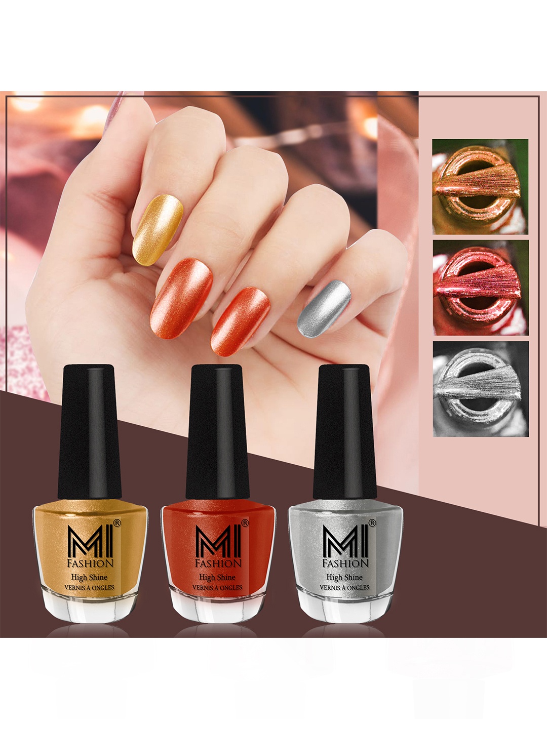 

MI FASHION Set Of 3 High Shine Long Lasting Shimmer Nail Paint - 12ml Each, Gold