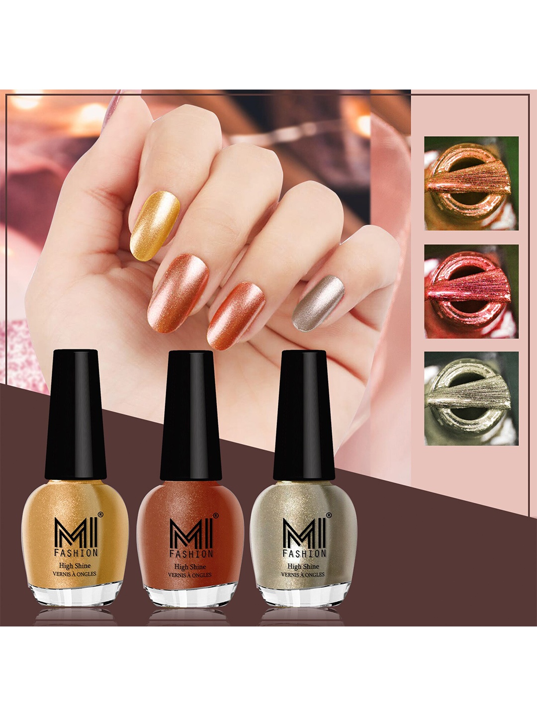 

MI FASHION Set Of 3 High Shine Long Lasting Shimmer Nail Paint - 12ml Each, Gold