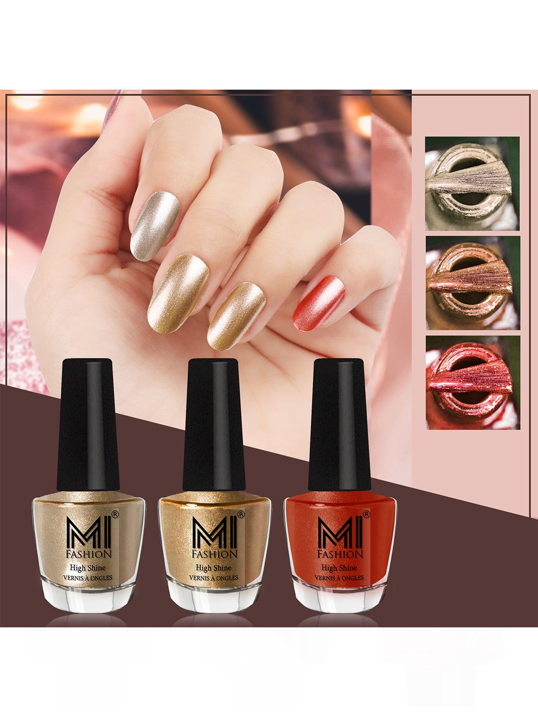 

MI FASHION Set Of 3 High Shine Long Lasting Shimmer Nail Paint - 12ml Each, Gold