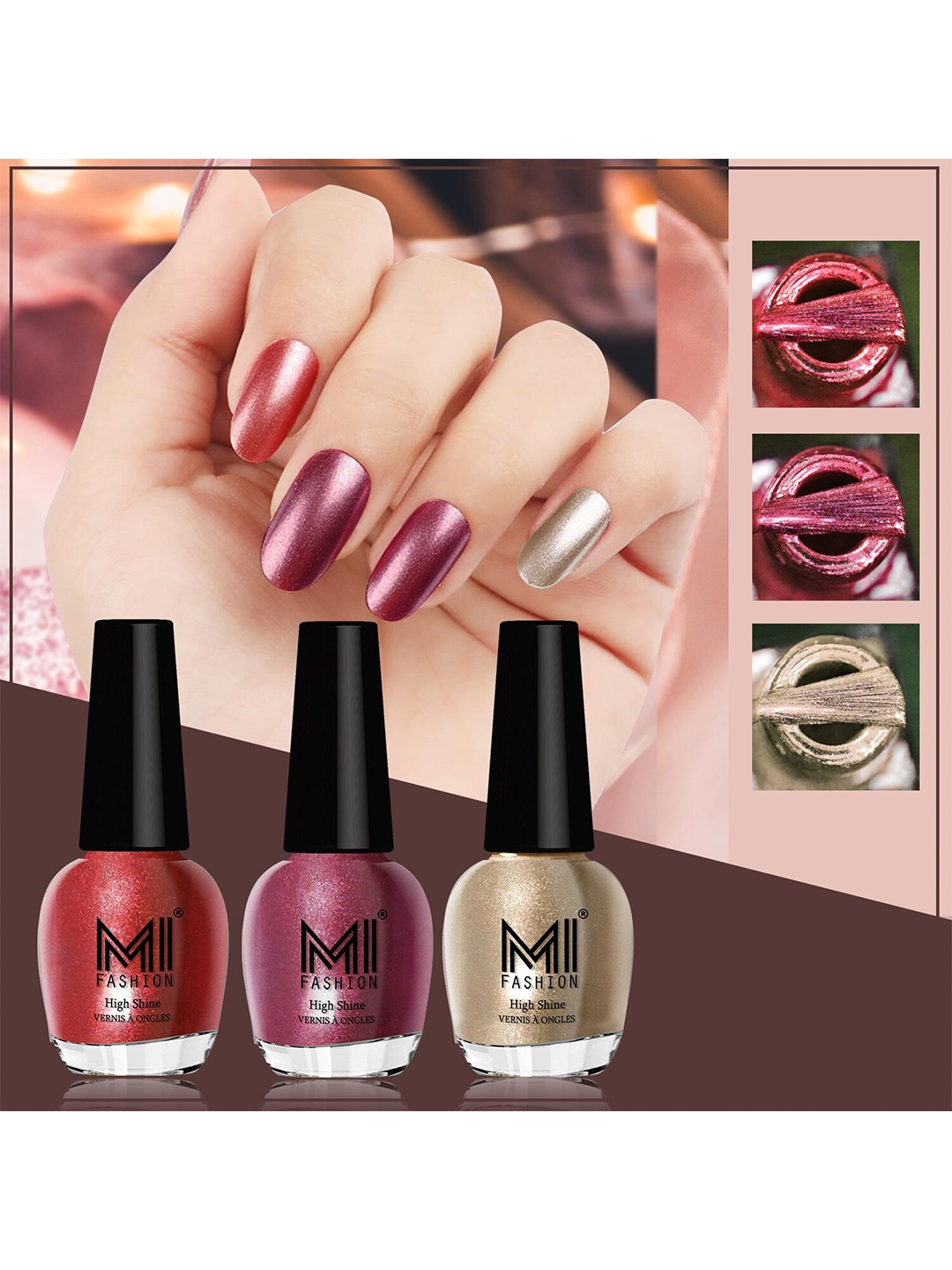 

MI FASHION Set Of 3 High Shine Long Lasting Shimmer Nail Paint - 12ml Each, Purple