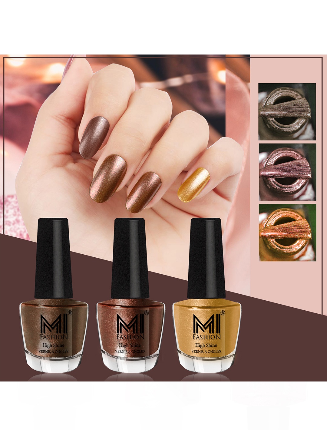 

MI FASHION Set Of 3 High Shine Long Lasting Shimmer Nail Paint - 12ml Each, Brown