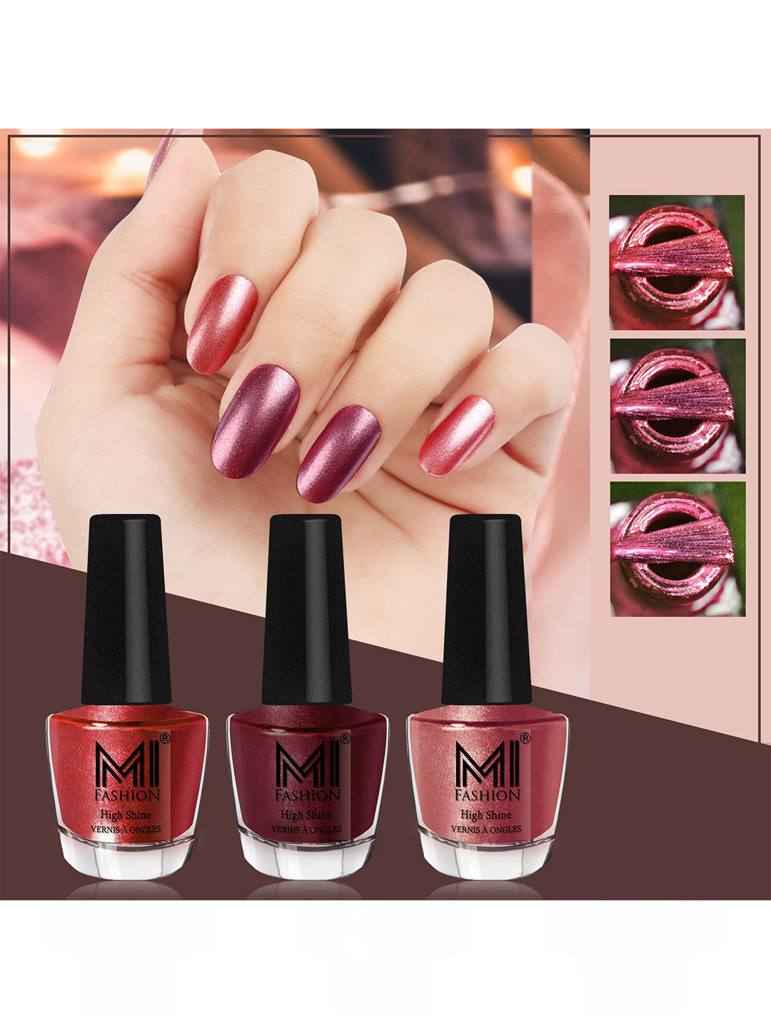 

MI FASHION Set of 3 High Shine Long-Lasting Nail Lacquer12 ml Each - Reddish Bronze 07 - Shimmer Coffee 09 - Hot Lava 61, Red