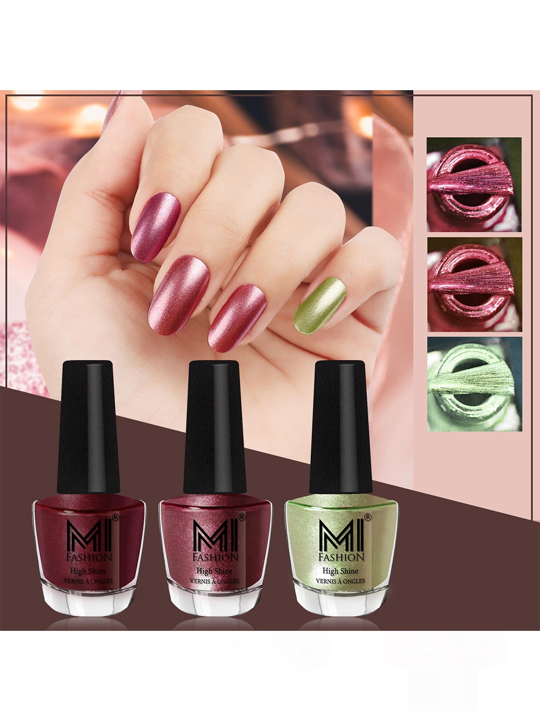 

MI FASHION Set of 3 High Shine Long-Lasting Nail Lacquer12 ml Each - Shimmer Coffee 09 - Metallic Maroon 10 - Metallic Olive Green 11