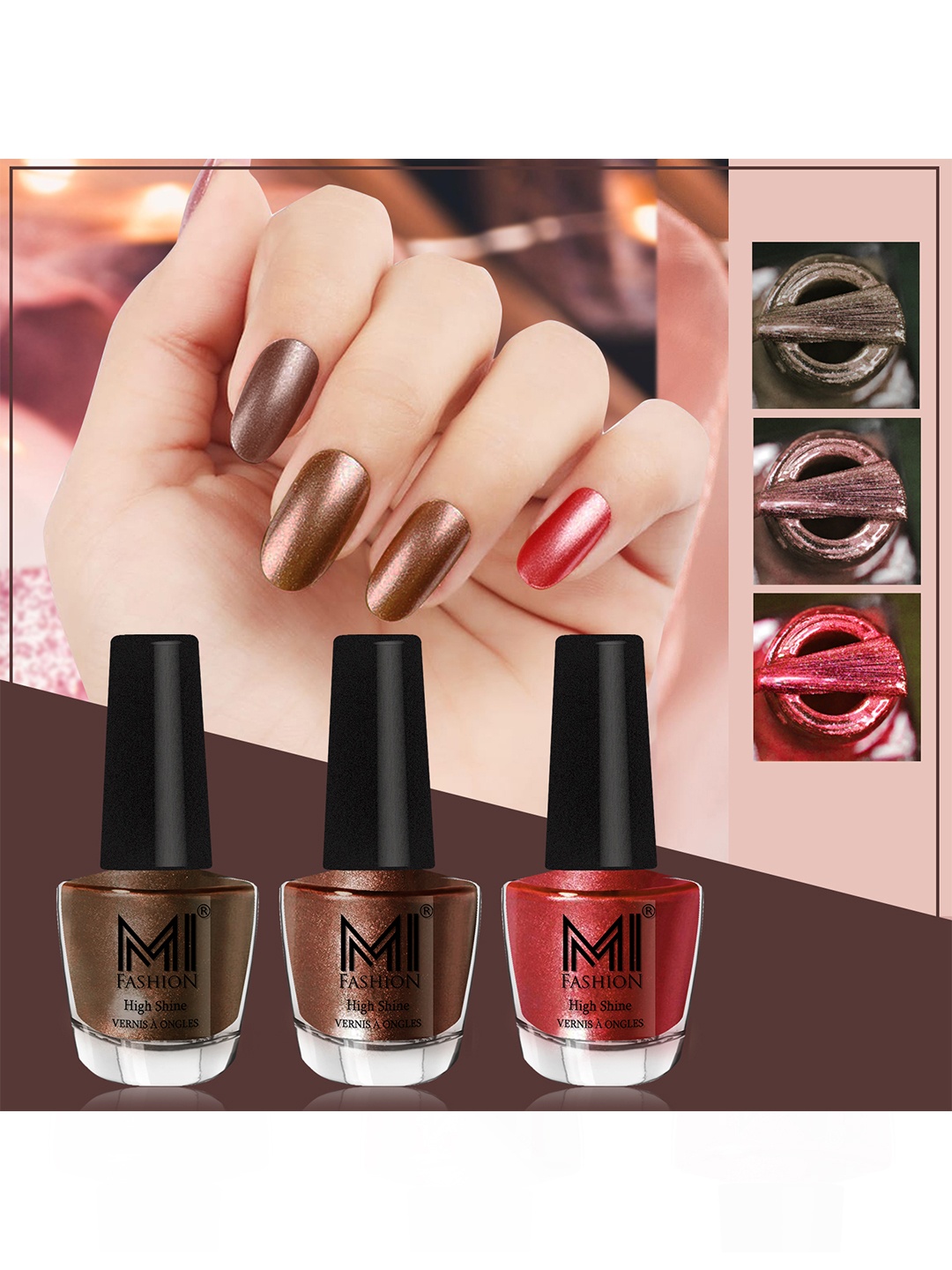 

MI FASHION Set of 3 High Shine Long-Lasting Nail Lacquer12 ml Each - Metallic Coffee 04 - Brown Coffee 05 - Reddish Bronze 07