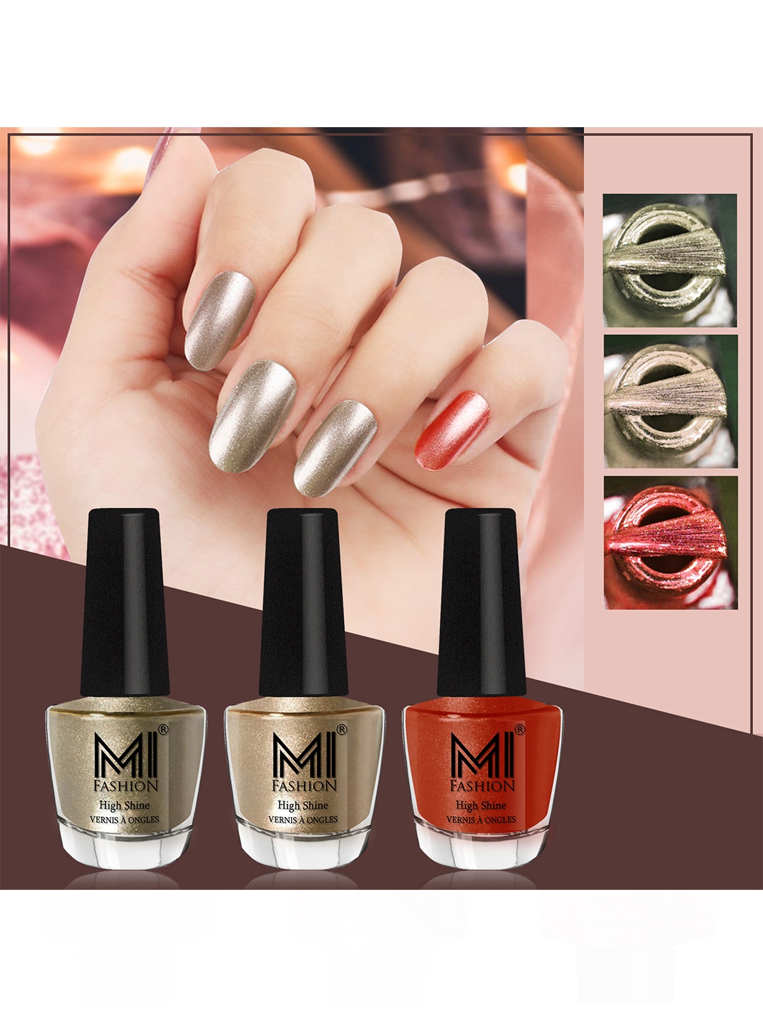 

MI FASHION Set of 3 High Shine Long-Lasting Nail Lacquer12 ml Each - Ginger Rust 12 - Light Golden 13 - Red Gold 60