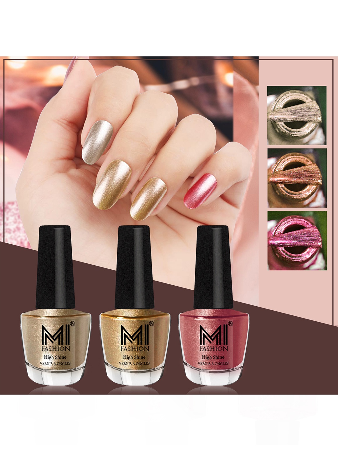 

MI FASHION Set of 3 High Shine Long-Lasting Nail Lacquer12 ml Each - Light Golden 13 - Golden 43 - Hot Lava 61, Pink