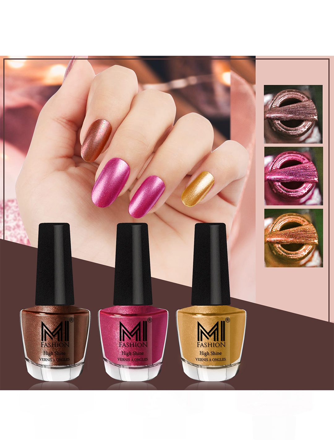 

MI FASHION Set of 3 Vernis A Ongles High Shine Long Lasting Shimmer Nail Paint - 12ml each, Brown