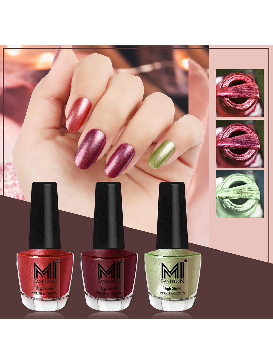 

MI FASHION Set of 3 Vernis A Ongles High Shine Long Lasting Shimmer Nail Paint - 12ml each, Olive