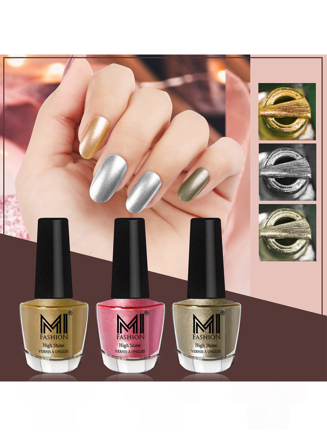 

MI FASHION Set of 3 Vernis A Ongles High Shine Long Lasting Shimmer Nail Paint - 12ml each, Pink