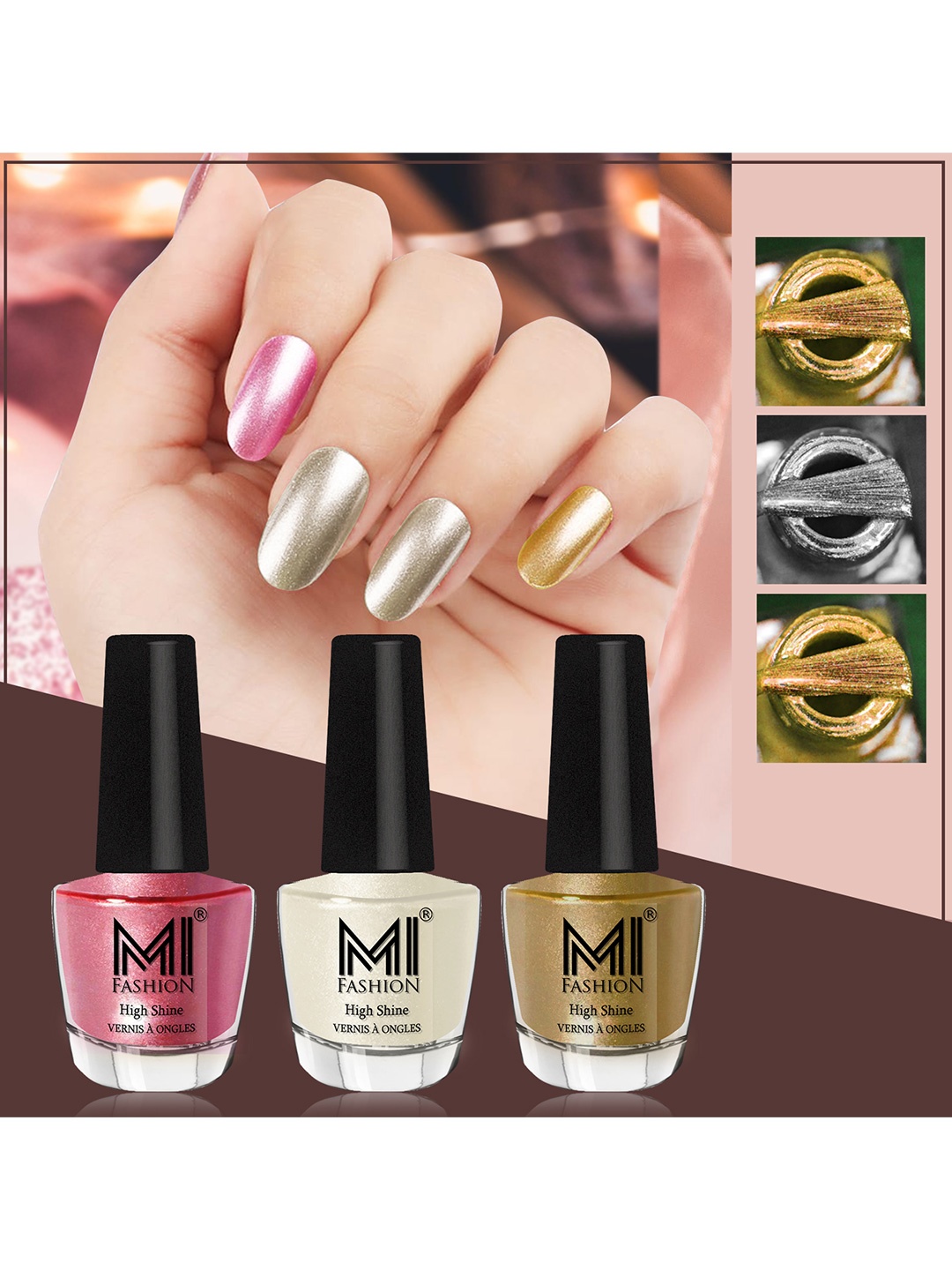 

MI FASHION Set of 3 Vernis A Ongles High Shine Long Lasting Shimmer Nail Paint - 12ml each, Metallic