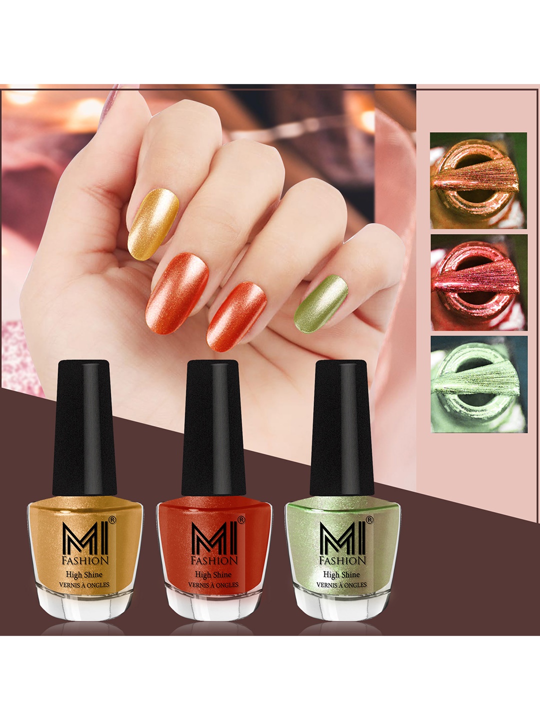 

MI FASHION Set of 3 Vernis A Ongles High Shine Long Lasting Shimmer Nail Paint - 12ml each, Green