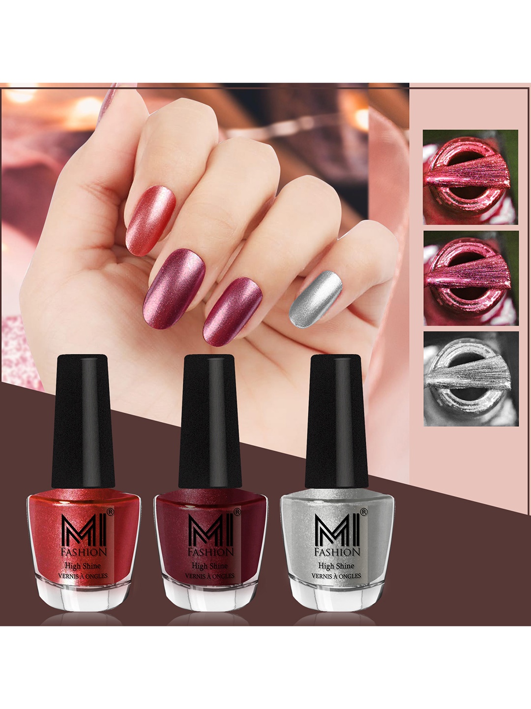 

MI FASHION Set of 3 Vernis A Ongles High Shine Long Lasting Shimmer Nail Paint - 12ml each, Red