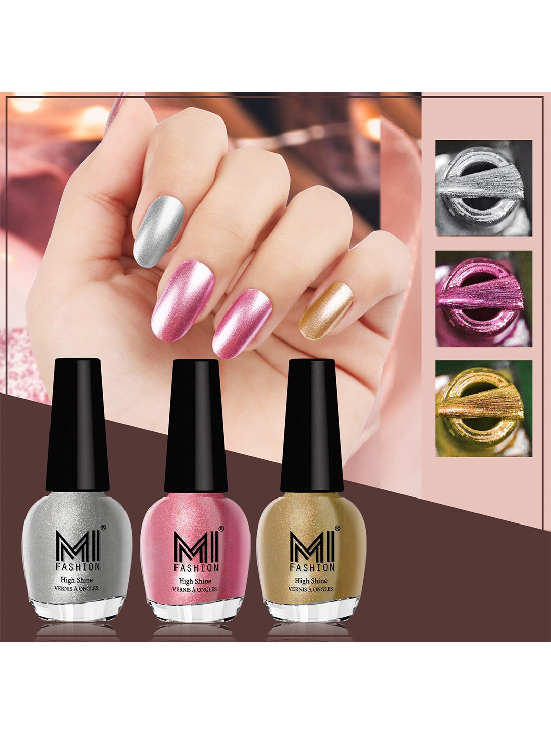 

MI FASHION Set of 3 Vernis A Ongles High Shine Long Lasting Shimmer Nail Paint - 12ml each, Pink