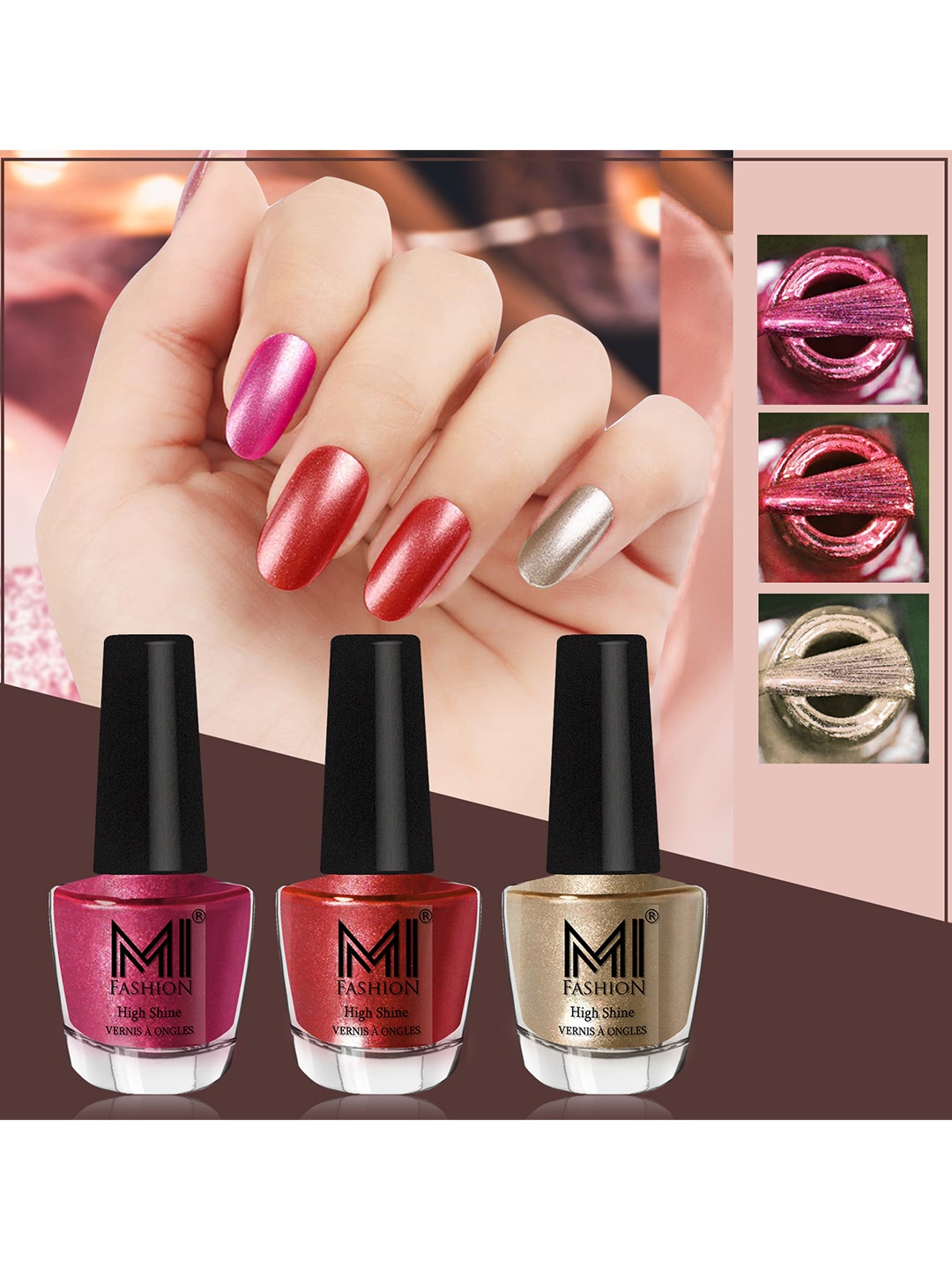 

MI FASHION Set of 3 Vernis A Ongles High Shine Long Lasting Shimmer Nail Paint - 12ml each, Red