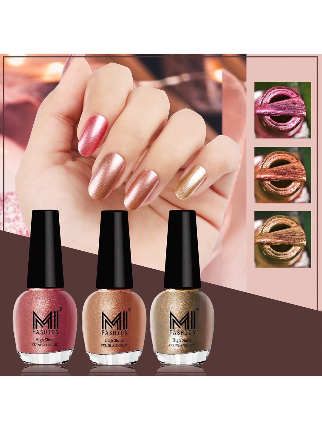 

MI FASHION Set of 3 Vernis A Ongles High Shine Long Lasting Shimmer Nail Paint - 12ml each, Brown