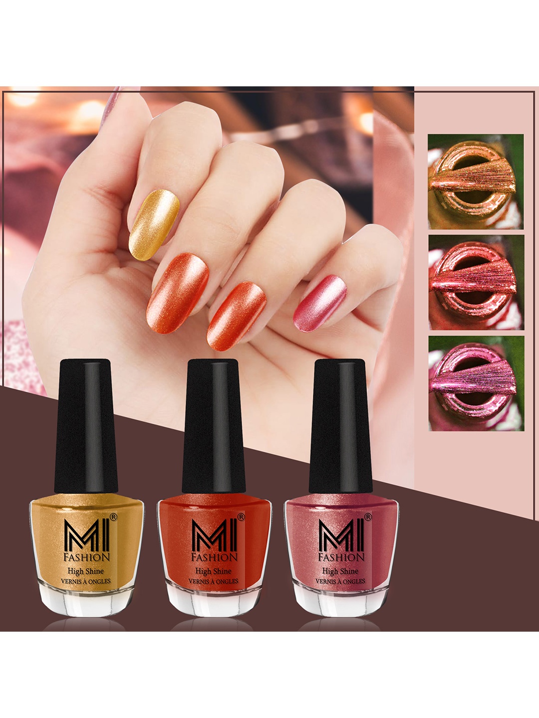 

MI FASHION Set of 3 Vernis A Ongles High Shine Long Lasting Shimmer Nail Paint - 12ml each, Brown