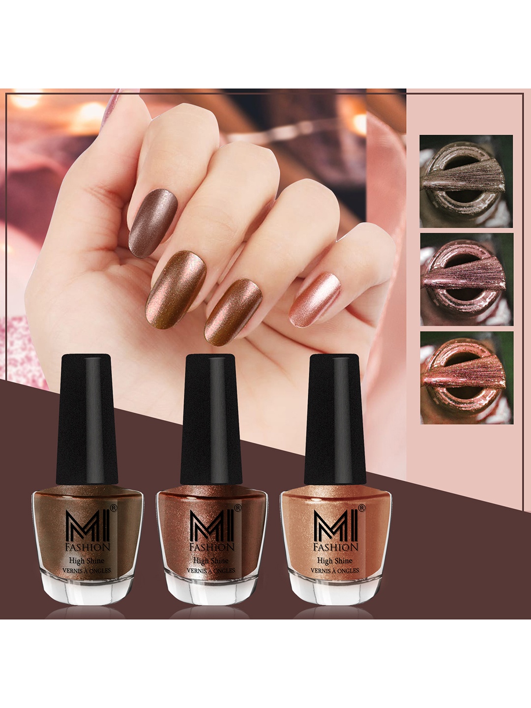 

MI FASHION Set of 3 Vernis A Ongles High Shine Long Lasting Shimmer Nail Paint - 12ml each, Metallic