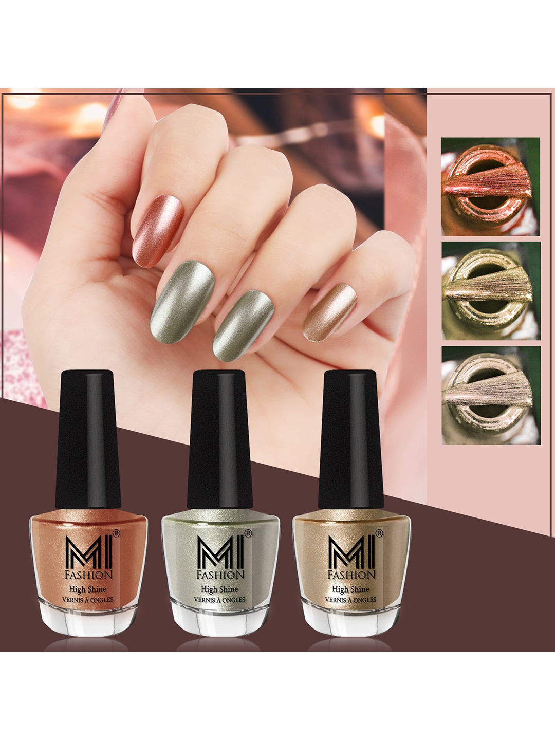 

MI FASHION Set of 3 High Shine Long-Lasting Nail Lacquer 12 ml Each - Bronze Magnetic 62 - Metallic Green 67 - Light Golden 13, Rose gold