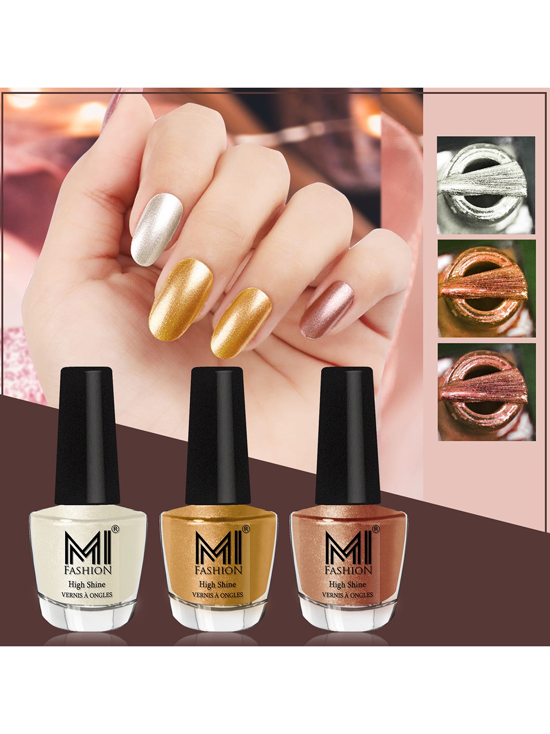 

MI FASHION Set of 3 High Shine Long-Lasting Nail Lacquer 12 ml Each - Pearly White Chrome 58 - Gold Chrome 59 - Bronze Magnetic 62