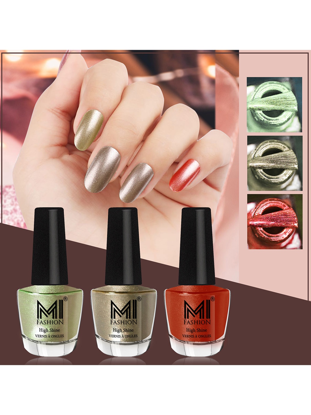 

MI FASHION Set of 3 High Shine Long-Lasting Nail Lacquer 12 ml Each - Metallic Olive Green 11- Ginger Rust 12 - Red Gold 60