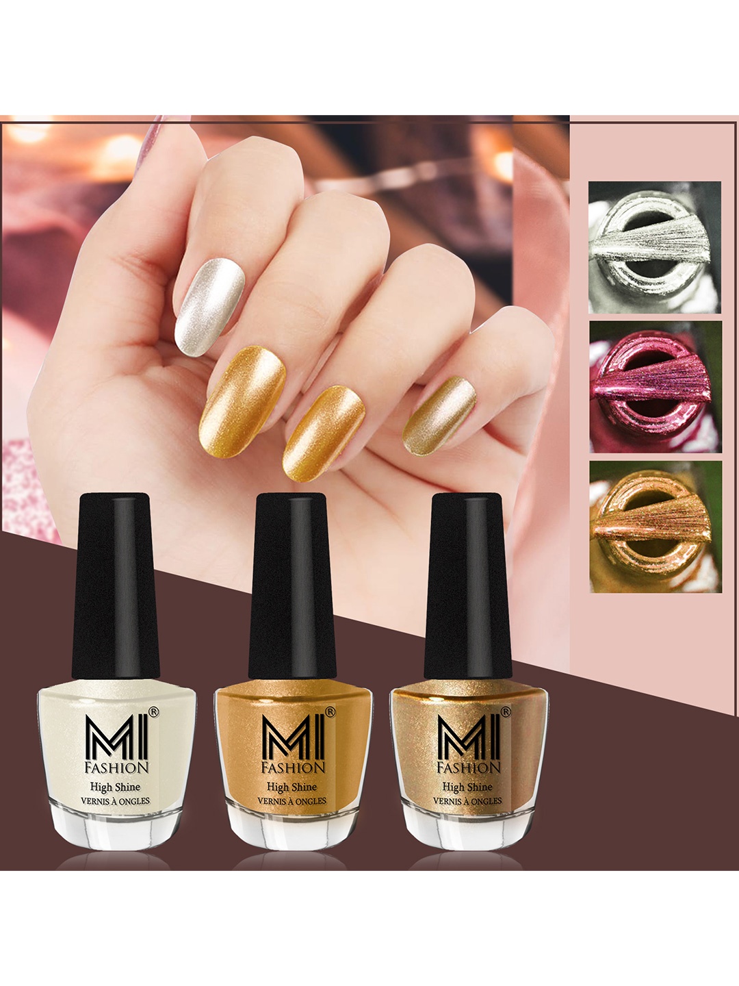 

MI FASHION Set of 3 High Shine Long-Lasting Nail Lacquer 12 ml Each -Pearly White Chrome 58 - Gold Chrome 59 - Golden 43