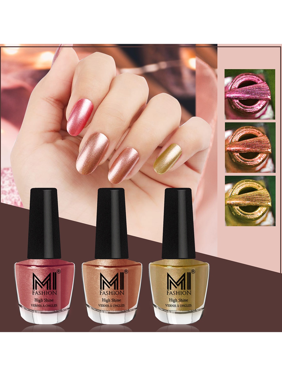

MI FASHION Set of 3 High Shine Long-Lasting Nail Lacquer 12 ml Each - Hot Lava 61 - Bronze Magnetic 62 - Metallic Golden 45, Pink