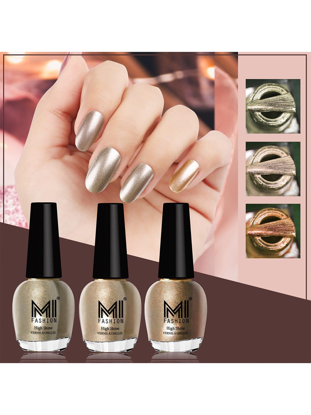 

MI FASHION Set of 3 High Shine Long-Lasting Nail Lacquer 12 ml Each -Ginger Rust 12 - Light Golden 13 - Golden 43, Gold