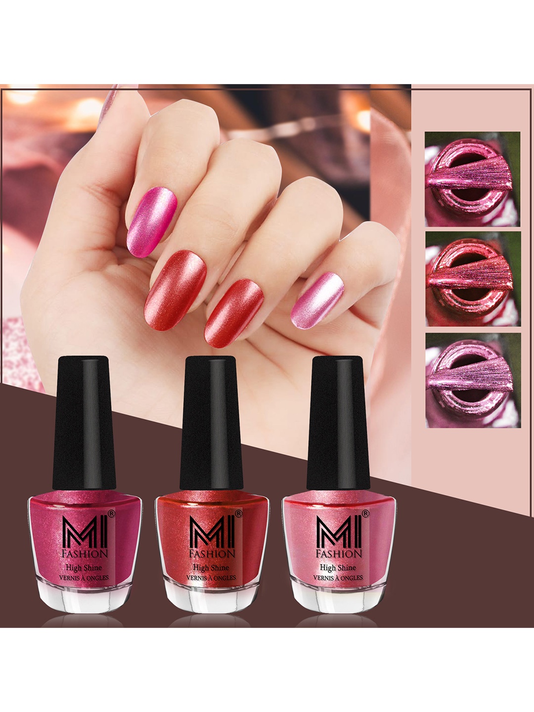 

MI FASHION Set of 3 High Shine Long-Lasting Nail Lacquer 12 ml Each -Metallic Red 06 - Reddish Bronze 07 - Metallic Pink 47