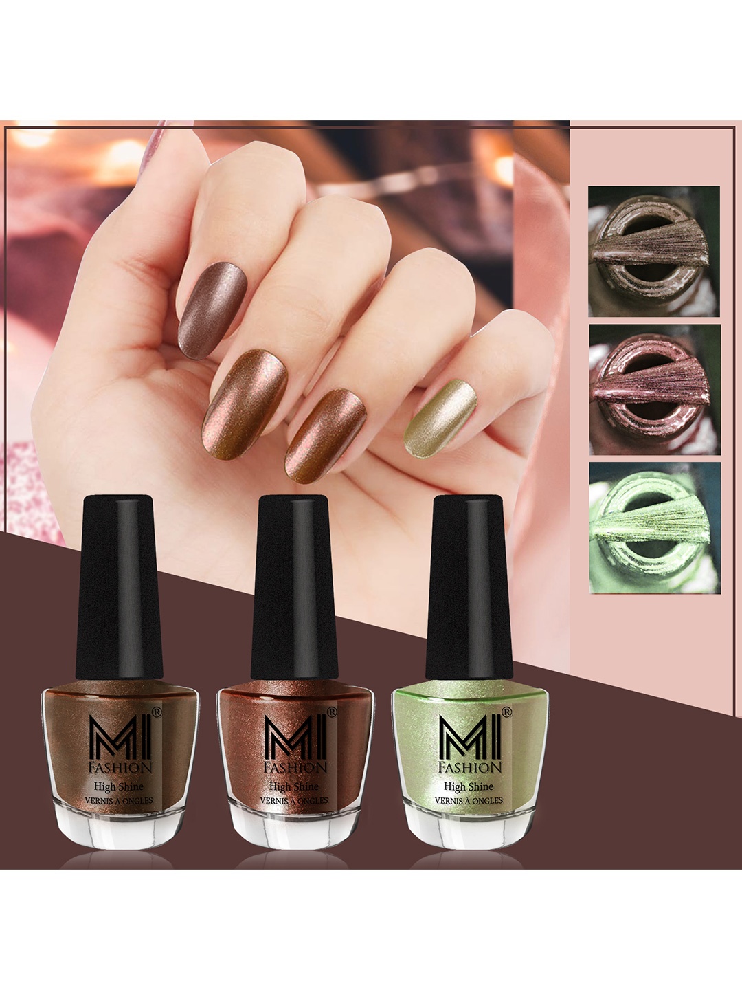 

MI FASHION Set of 3 High Shine Long-Lasting Nail Lacquer 12 ml Each -Metallic Coffee 04 - Brown Coffee 05 - Metallic Olive Green 11, Pink