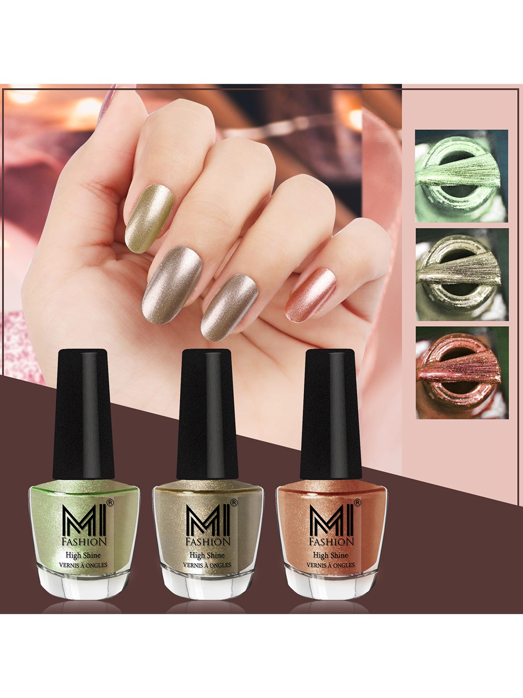 

MI FASHION Set of 3 High Shine Long-Lasting Nail Lacquer 12 ml Each -Metallic Olive Green 11 - Ginger Rust 12 - Bronze Magnetic 62