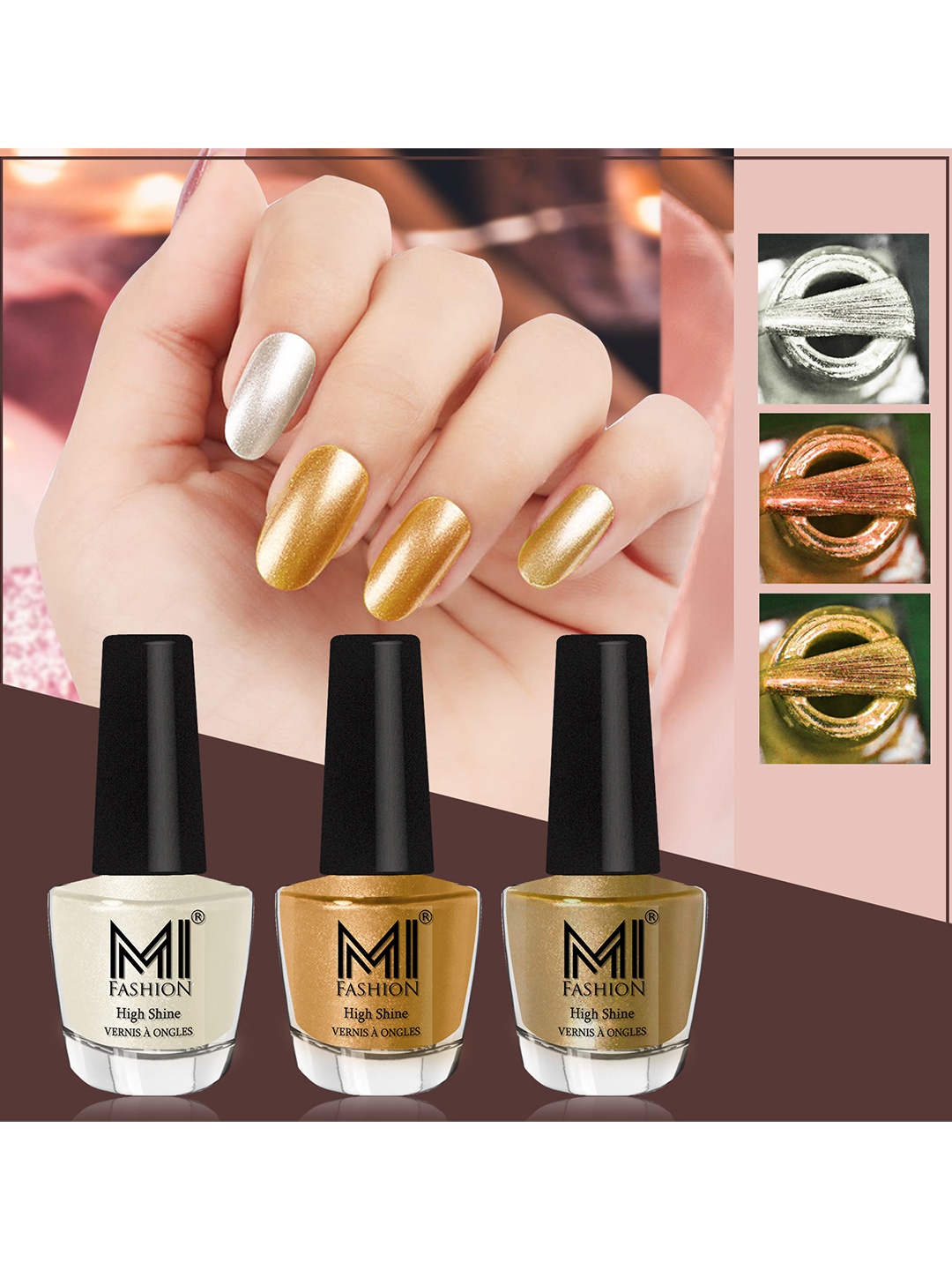 

MI FASHION Set of 3 High Shine Long-Lasting Nail Lacquer 12 ml Each -Pearly White Chrome 58 - Gold Chrome 59 - Metallic Golden 45