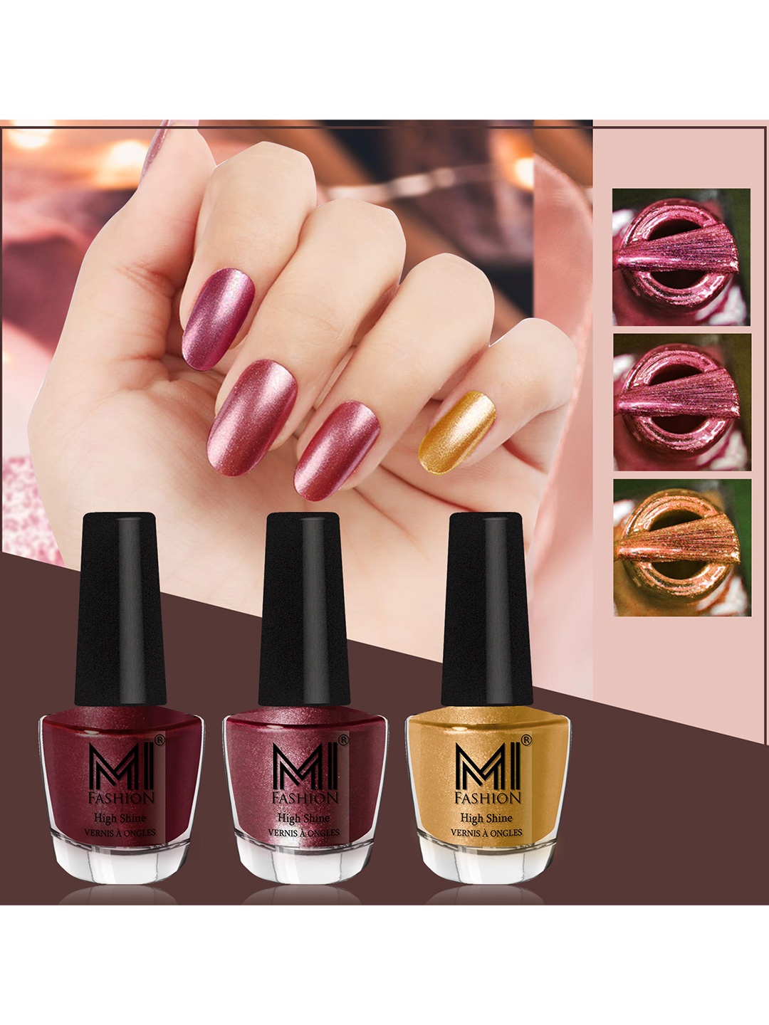

MI FASHION Set of 3 High Shine Long-Lasting Nail Lacquer 12 ml Each -Shimmer Coffee 09 - Metallic Maroon 10 - Gold Chrome 59, Brown