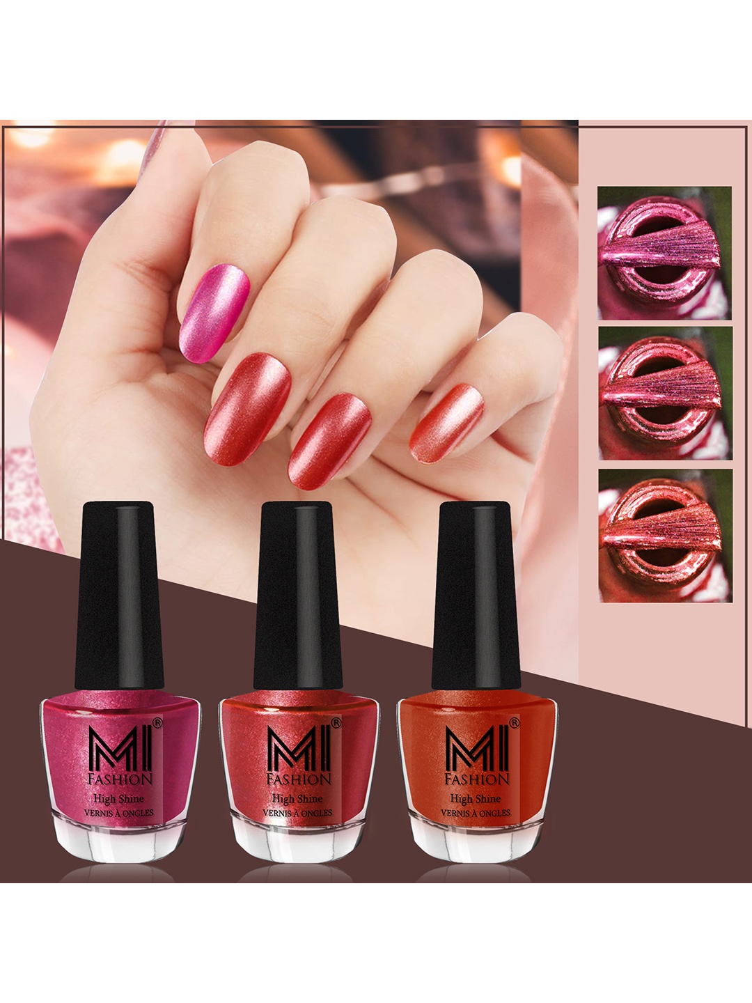 

MI FASHION Set of 3 High Shine Long-Lasting Nail Lacquer 12 ml Each -Metallic Red 06 - Reddish Bronze 07 - Red Gold 60