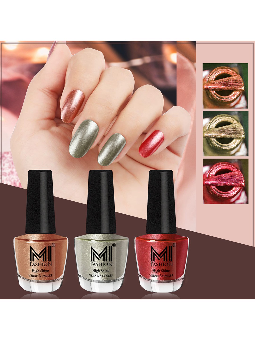 

MI FASHION Set of 3 High Shine Long-Lasting Nail Lacquer 12 ml Each -Bronze Magnetic 62 - Metallic Green 67 - Reddish Bronze 07, Rose gold