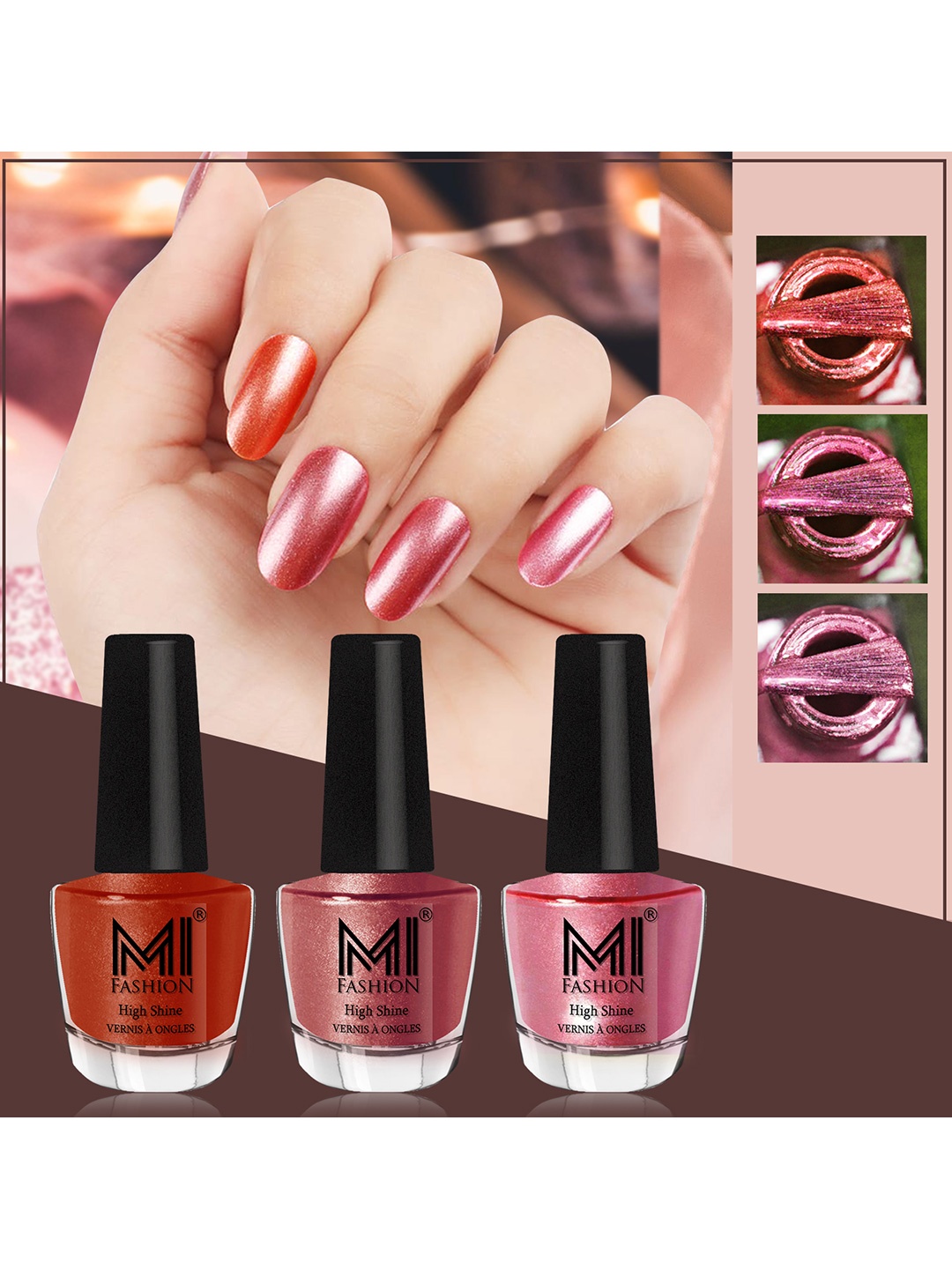 

MI FASHION Set of 3 High Shine Long-Lasting Nail Lacquer 12 ml Each -Red Gold 60 - Hot Lava 61 - Metallic Pink 47, Orange